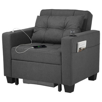 Convertible Sleeper Chair, Padded Seat With USB & Cup Holder, Gray Linen