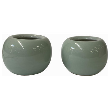 2 x Chinese Clay Ceramic Wu Celadon Green Small Vase Container Hws1618