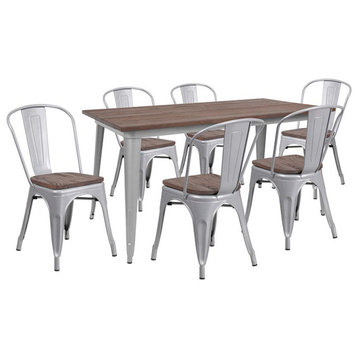 30.25 x 60 Silver Metal Table Set with Wood Top and 6 Stack Chairs