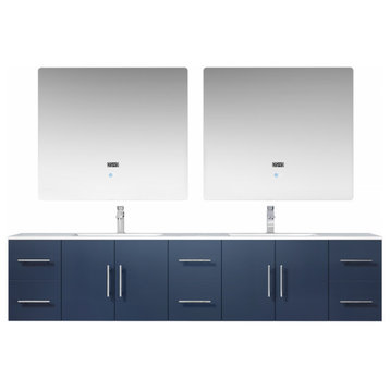 84" Double Bath Vanity With Sink, Navy Blue, White Marble, Wall Hung