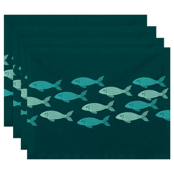 18"x14" Fish Line, Animal Print Placemat, Teal, Set of 4