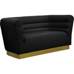 Meridian Furniture - Bellini Velvet Upholstered Loveseat, Black - Add a bit of pizzazz to your living space with this Bellini Black Velvet Loveseat from Meridian Furniture. Rich black velvet upholstery offers you a luxurious place to curl up with a good book or rest in front of the TV after a long day, while horizontal channel tufting creates texture and style. Its gold stainless steel base provides solid support, while adding to the loveseat's contemporary appearance. Its uniquely curved shape makes this piece a perfect addition to any room in your modern home.