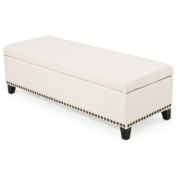 Storage Ottoman, Wooden Legs and Comfortable Seat With Nailhead Trim, Beige