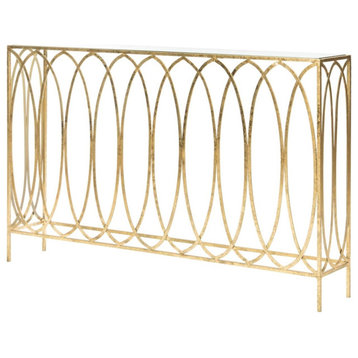 Modern Console Table, Geometric Patterned Frame With Glass Top, Gold Finish