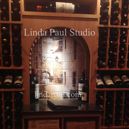 French Bistro Tile Mural backsplash in Wine Cellar - Tile Murals