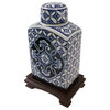 9" Blue and White Oriental Rectangular Tea Jar
