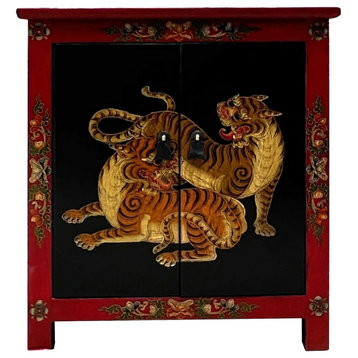 Tibetan Oriental Black Red Double Tigers End Table Nightstand Hcs7589
