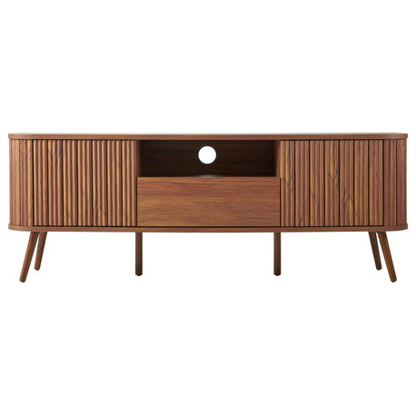 Curved TV Stand, Drawer and Storage Doors Fits TVs up to 75", Management, Walnut