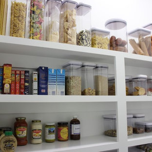 Mid-sized transitional kitchen pantry ideas - Mid-sized transitional kitchen pantry photo in Raleigh with open cabinets and white cabinets