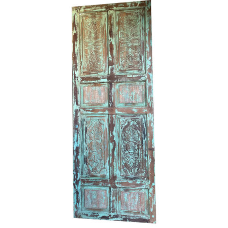 Consigned Vintage Carved Door Green Wood Farmhouse Sliding Barn Doors 96