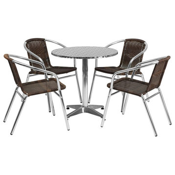 5 Pieces Patio Dining Set, Aluminum Table & Chairs With Rattan Seat, Dark Brown