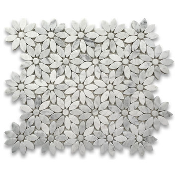 Carrara Venato Carrera Marble Daisy Flower Pattern Mosaic Tile Honed, 1 sheet