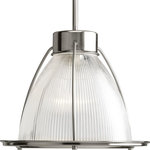 Progress Lighting - 1-Light Mini-Pendant, Brushed Nickel - One-light pendant with prismatic glass shade for a sleek industrial look. Clear prismatic glass is highlighted with brushed nickel accents.