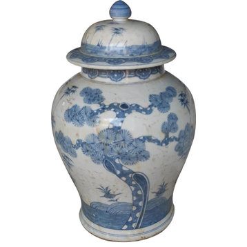 Temple Jar Vase Ming Pine Tree Blue White Ceramic Handmade Ha
