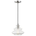Livex Lighting Inc. - 1 Light Brushed Nickel Pendant, Chrome Finish Accents - The Everett single light pendant suspends simply, and it's great solo over focus points or set in pairs or trios over long counter tops and islands. It is showcased in a brushed nickel finish with chrome finish accents and hand blown clear art glass.