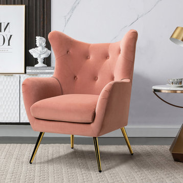Tufted Accent Chair With Golden Legs, Pink