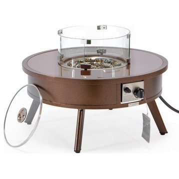 Leisuremod Walbrooke Patio Round Fire Pit Table With Aluminum Frame, Brown