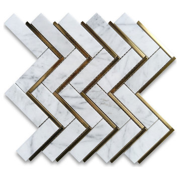 Carrara White Marble 1x4 Herringbone Mosaic Tile Brass Strips Polished, 1 Sheet
