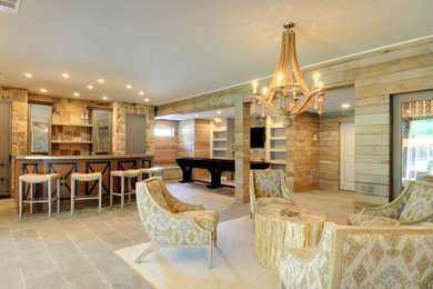 Design ideas for a beach style basement in Atlanta with beige floor.
