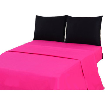 4-Piece 100% Cotton Bed Sheet Set, Solid Hot Pink/Black Superstar, King