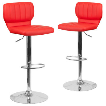 2 Pack Red Vinyl Adjustable Barstool With Vertical Stitch Back and Chrome Base