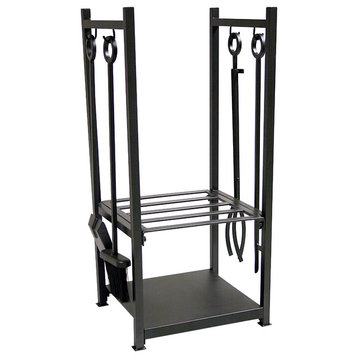 Black Wrought Iron Log Rack and Fire Tools
