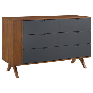 Contemporary Dresser, Rubberwood Frame, 6 Drawers & Slatted Detail, Walnut/Gray