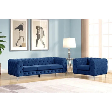Rebekah 2 Piece Velvet Standard Foam Living Room Set Sofa+Chair, Royal Blue Velvet