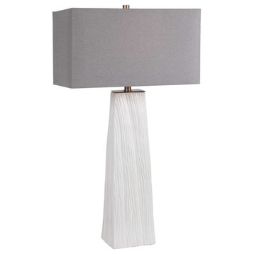 Luxe Modern Woodland Style Carved Ceramic Table Lamp Gloss White Organic Gray