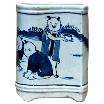 Chinese Blue White Porcelain Oriental Scenery Wave Shape Small Vase Hws2984