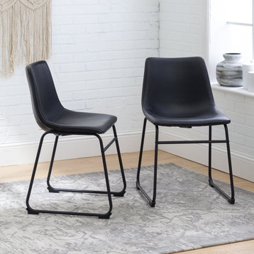 Set of 2 Dining Chairs, Metal Legs With Faux Leather Seat & Curved Back, Black