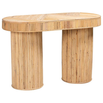 Contemporary Console Table, Rattan Frame With Oval Shape & Geometric Texture