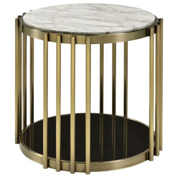 Kein 26" Round Side End Table, White Faux Marble Top, Brass Steel Frame