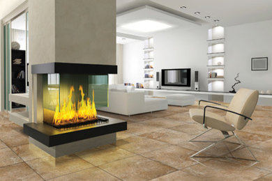 Large trendy open concept ceramic tile living room photo in Chicago with white walls, a standard fireplace, a plaster fireplace and a tv stand
