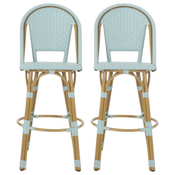 Cotterell Outdoor French Wicker and Aluminum 29.5" Barstools, Set of 2, Light Teal/Bamboo Finish