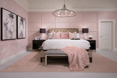 Example of a mid-sized transitional master porcelain tile and white floor bedroom design in Las Vegas with pink walls