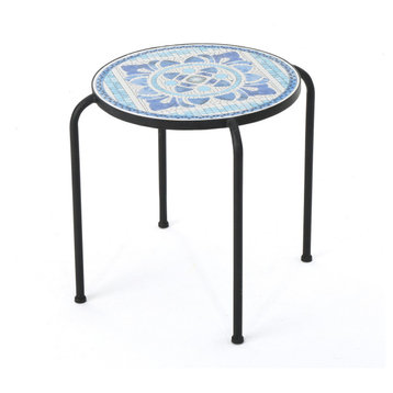 GDF Studio Sindarin Outdoor Blue and White Ceramic Tile Iron Frame Side Table