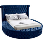 Meridian Furniture - Luxus Button Tufted Velvet Round Bed, Navy, Queen - Marvel at the remarkable beauty and graceful lines of this round Luxus navy velvet queen size bed. The headboard, footboard and side rails are all adorned with deep button tufting, and there is nailhead trim on both sides of the tall headboard. The footboard and side rails all contain ample storage and seating, making it easy to sit down in comfort so you can put on your pants or shoes.