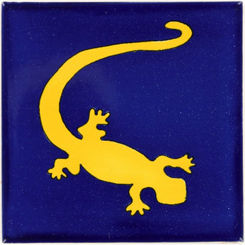 Tierra y Fuego Handmade Ceramic Tile, 4.25x4.25" Yellow Gecko in Blue, Box of 45