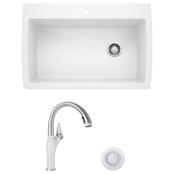 Blanco Diamond Super Single Sink Kit with Pull-Down Faucet and Strainer in White
