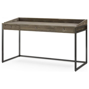 Modern Desk, Acacia Wood Top With Keyboard Tray & 2 Drawers, Distressed Grey