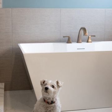 Spa Like Primary Bathroom Remodel with Warm Wood & Brass Details