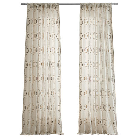 Suez Bronze Embroidered FauxLinen Sheer Curtain Single Panel, 50"x120"