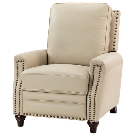 Comfy Cigar Genuine Leather Recliner With Nailhead Trim, Beige