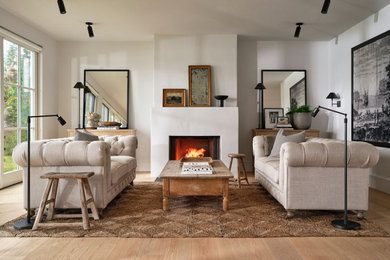 Large elegant formal and open concept light wood floor living room photo in Boston with white walls, a standard fireplace, a plaster fireplace and no tv