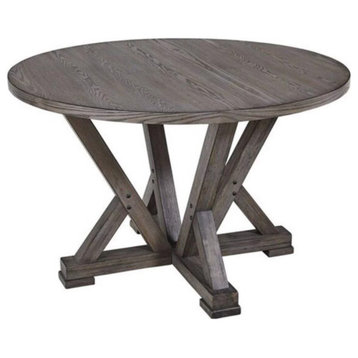 Transitional Dining Table, Wooden Trestle Base With Round Top, Weathered Gray