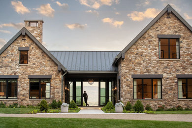 Large transitional slate floor, gray floor, wood ceiling and wood wall entryway photo in Other with white walls and a glass front door