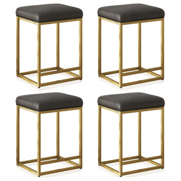 24" Upholstered PU Leather Bar Stools Set of 4, with Metal Base, Grey & Gold