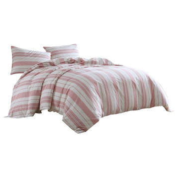 3-Piece Queen Comforter Set With Vertical Stripes Pattern, White and Pink