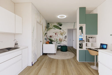 Esempio di un soggiorno moderno di medie dimensioni e aperto con pavimento in gres porcellanato, pavimento marrone, soffitto ribassato e carta da parati